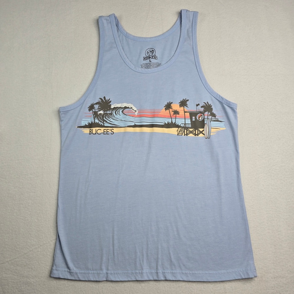 Buc-ee's unisex adult Large Blue Beach Wave Graphic‎ Tank Top summer relaxed men